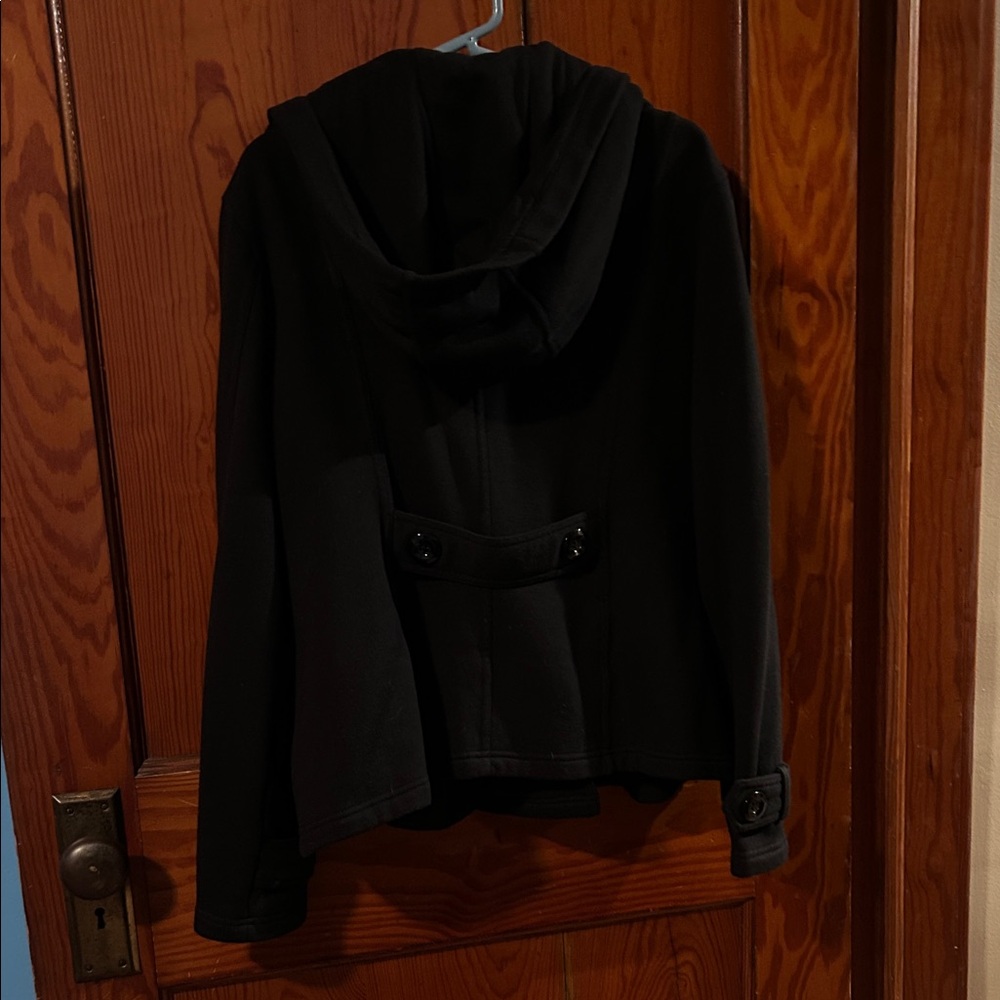 Sebby Women's Black Pea Coat with Hood - Picture 3 of 3